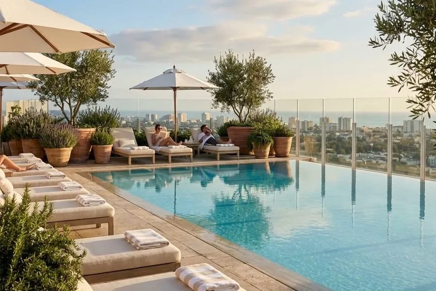 Photograph representing the fictional courtyard pool